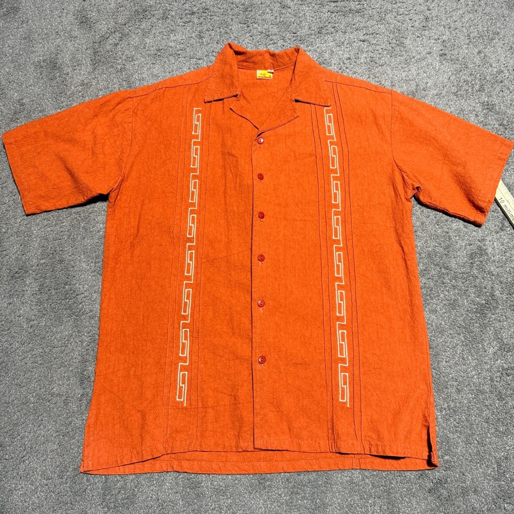 Somi Mens Orange Guayabera Shirt Greek Key Embroidered Short Sleeve‎ Large 90s